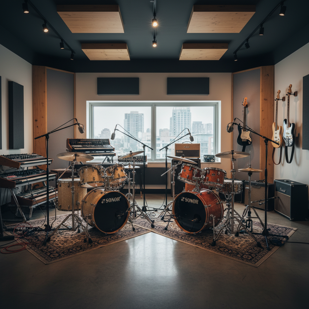 2 Sonor vintage custom drumsets in a modern studio, facing each other, with keyboards on the side, guitars on the walls, amps and mics present