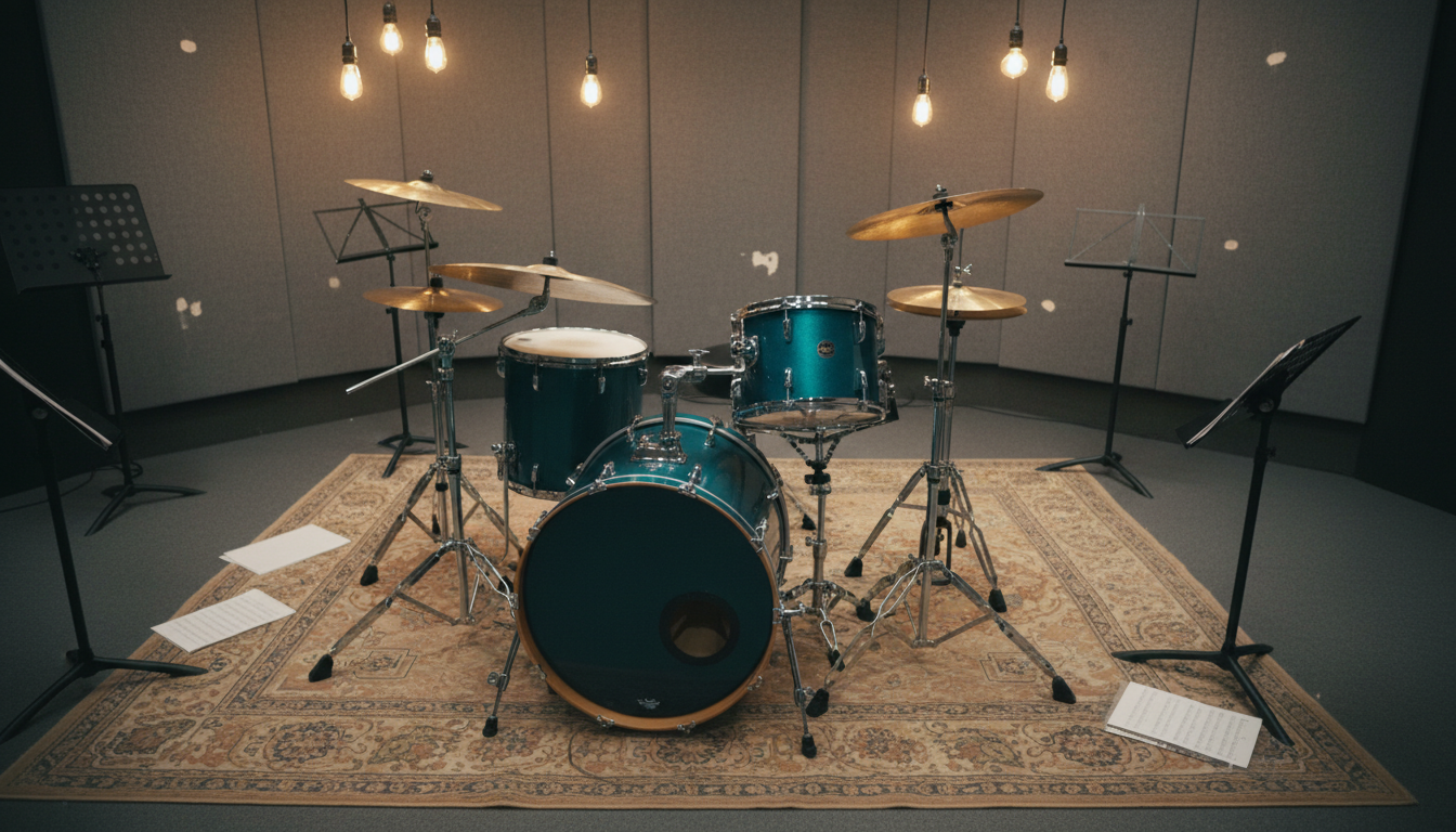 A vintage-styled drum kit finished in glossy deep teal with chrome hardware, centered on a slightly worn rehearsal studio rug featuring faded geometric patterns.Around the set, an array of polished cymbals and shimmering hi-hats reflect the warm, soft light from tungsten overhead fixtures, creating glowing halos and gentle, elongated shadows on the floor. The surrounding space features muted gray acoustic foam panels, accented by scattered sheet music stands nearby. Framed with a slightly elevated angle and shallow depth of field, the composition brings focus to the tactile details of the drum surfaces and metallic finishes. The overall mood is creative and expressive, blending vibrant color with a modern, authentic studio aesthetic that celebrates genre versatility.