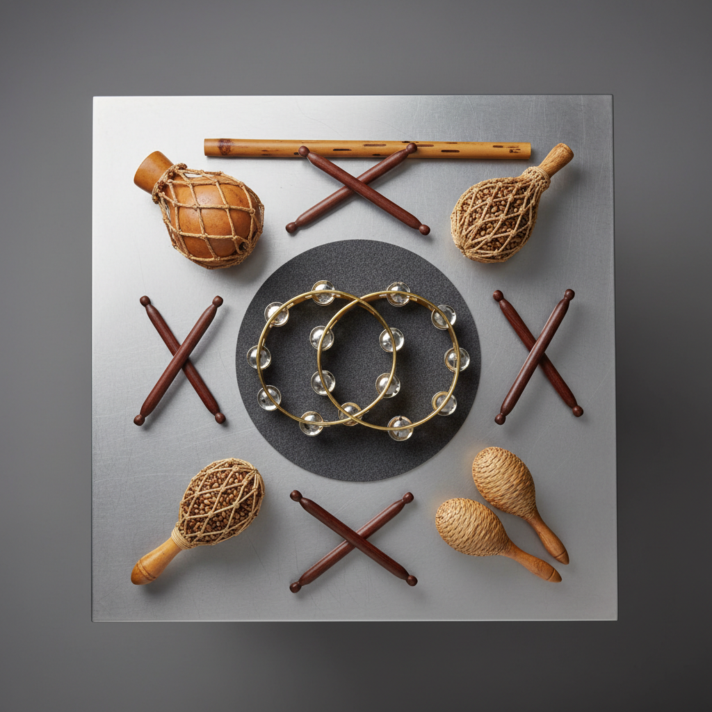 A harmonious arrangement of hand percussion instruments, including gleaming brass tambourines, vibrant wood claves, and intricate shakers with natural woven textures, all resting on a minimalist brushed metal tabletop. The scene is set against a soft, mid-tone gray backdrop that accentuates each instrument’s material and form. Gentle, even studio lighting highlights the warm hues of the wood and the rich golden gleam of the metals without harsh shadows, emphasizing details and craftsmanship. Shot from directly above in a flat lay composition, the image showcases variety and balance, inviting exploration of diverse percussion sounds. The mood is approachable and energetic, expressed through a modern, uncluttered artistic style perfect for a professional musician’s site section on versatility and range.