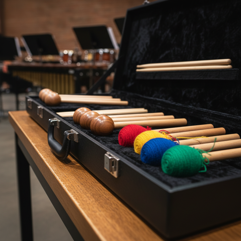 A close-up of finely crafted mallets and drumsticks arranged with intention in a luxurious black velvet-lined percussion case. Each mallet, made from smooth maple or brightly colored yarn-wrapped heads, displays subtle wood grains and vibrant threads. The case is resting atop a textured honey-brown rehearsal room bench, with the background softly blurred to suggest an active musical workspace. Soft, diffused side lighting emphasizes the textures and rich materials, casting gentle shadows and subtle reflections on the polished wood handles. The image is composed using rule of thirds for dynamic visual balance, focusing sharply on the varied heads and handles. Artistic style is clean, precise, and modern, cultivating a mood of expertise and dedication that matches a professional musician’s toolkit.