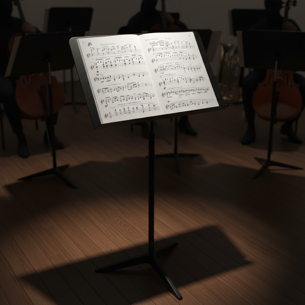 A highly detailed orchestral music stand, crafted from matte-black steel and topped with an open score of complex percussion notation. The open sheet music features crisp, legible notes and expressive dynamic markings. The stand is placed on a subtly polished stage floor, surrounded by blurred silhouettes of other instruments in the background. Focused warm spotlight from above creates dramatic highlights on the sheet music and the top edge of the stand, casting elegant, long shadows behind. The composition is slightly off-center and taken from a low-angle perspective, resulting in a sophisticated, concert-hall ambiance. The image style is clean and modern, radiating a sense of anticipation and focused artistry inherent to orchestral performance environments.