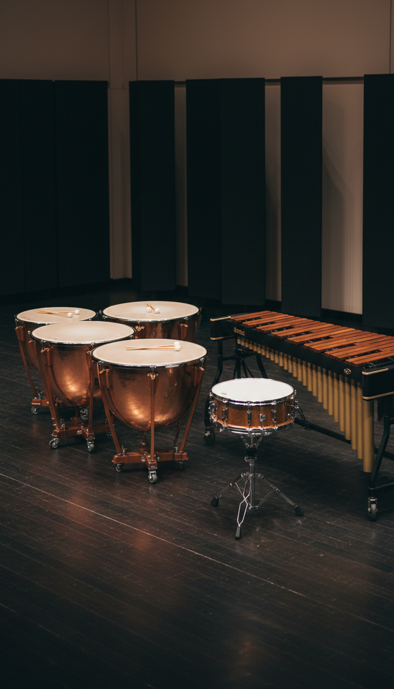 A meticulously arranged orchestral percussion setup featuring gleaming metallic timpani with polished copper shells and glistening mallets resting atop, alongside a resonant rosewood marimba and a pristine snare drum with its crisp white head. The instruments are staged on a sleek, dark wooden concert hall floor, surrounded by sound-dampening black panels. Soft overhead stage lighting casts subtle highlights across the drumheads and marimba keys, creating gentle reflective patterns and elegant shadows. The atmosphere is professional, inviting, and focused, evoking the anticipation of a live performance. Shot from an eye-level angle using a balanced, slightly wide composition that gives prominence to the instruments’ textures and craftsmanship. The style is clean and modern, exuding a sense of artistry and refinement that matches the prestige of a classical musician’s website.