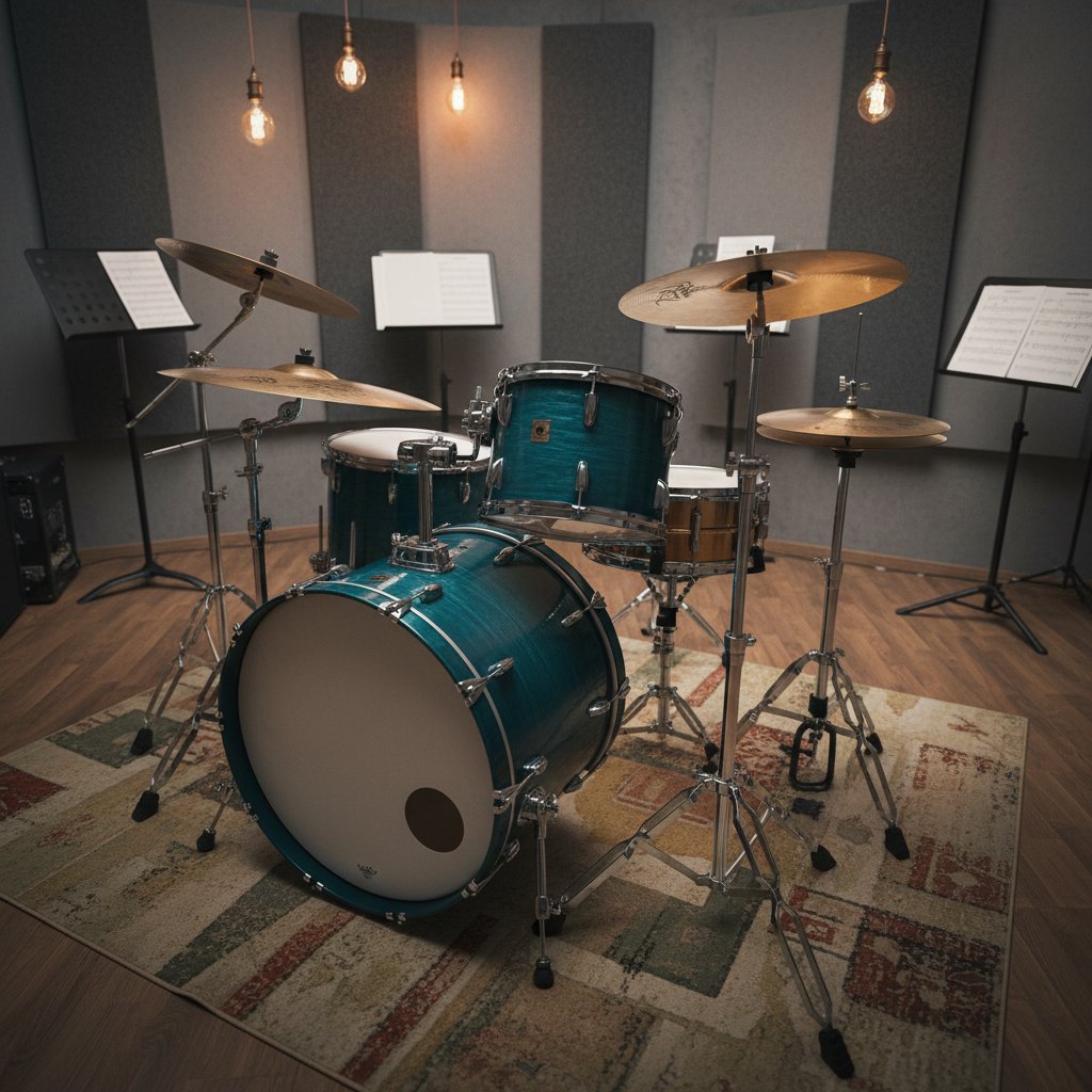 A vintage-styled drum kit finished in glossy deep teal with chrome hardware, centered on a slightly worn rehearsal studio rug featuring faded geometric patterns.Around the set, an array of polished cymbals and shimmering hi-hats reflect the warm, soft light from tungsten overhead fixtures, creating glowing halos and gentle, elongated shadows on the floor. The surrounding space features muted gray acoustic foam panels, accented by scattered sheet music stands nearby. Framed with a slightly elevated angle and shallow depth of field, the composition brings focus to the tactile details of the drum surfaces and metallic finishes. The overall mood is creative and expressive, blending vibrant color with a modern, authentic studio aesthetic that celebrates genre versatility.