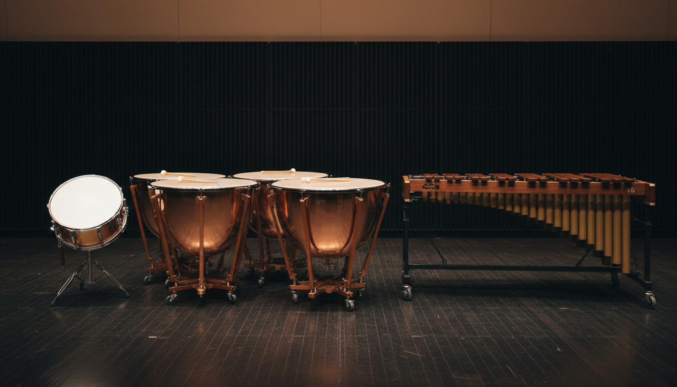 A meticulously arranged orchestral percussion setup featuring gleaming metallic timpani with polished copper shells and glistening mallets resting atop, alongside a resonant rosewood marimba and a pristine snare drum with its crisp white head. The instruments are staged on a sleek, dark wooden concert hall floor, surrounded by sound-dampening black panels. Soft overhead stage lighting casts subtle highlights across the drumheads and marimba keys, creating gentle reflective patterns and elegant shadows. The atmosphere is professional, inviting, and focused, evoking the anticipation of a live performance. Shot from an eye-level angle using a balanced, slightly wide composition that gives prominence to the instruments’ textures and craftsmanship. The style is clean and modern, exuding a sense of artistry and refinement that matches the prestige of a classical musician’s website.